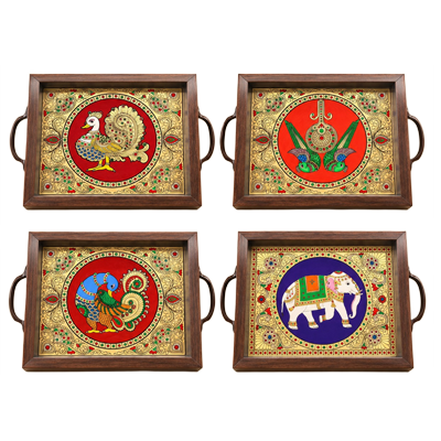 Four-ornate-reverse-glass-painting-trays