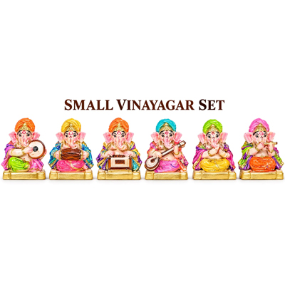 Six colorful Vinayagar statues in a row